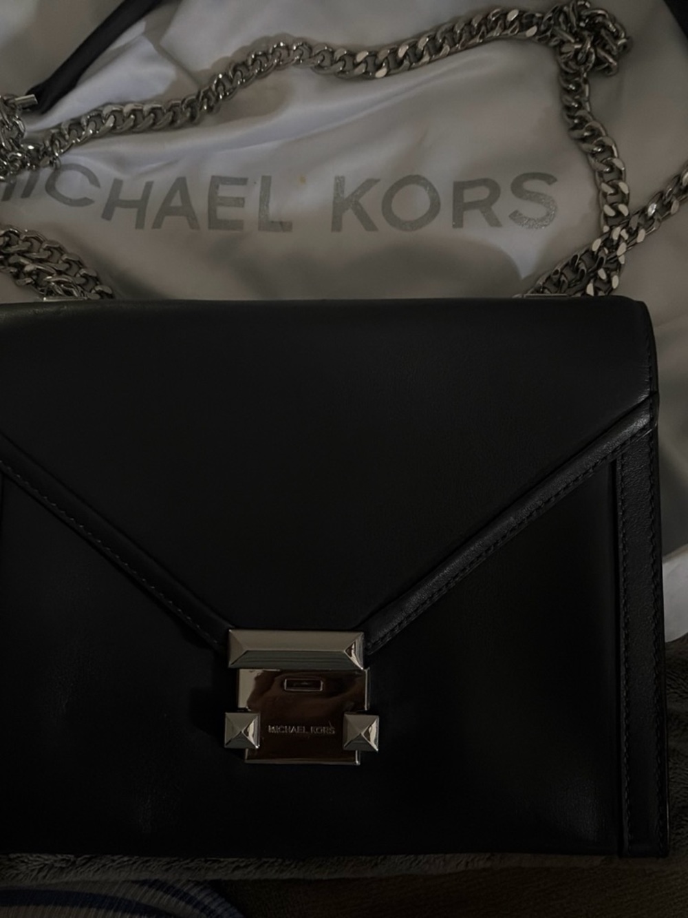 Michael Kors Black Leather Envelope Crossbody with Silver Chain